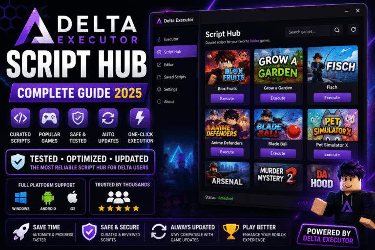 Ultimate Delta Executor Script Hub Guide 2025 – Games, Features & Support 1 Delta Executor Script Hub interface showing supported Roblox games, one-click script execution, auto updates, and multi-platform support in 2025.
