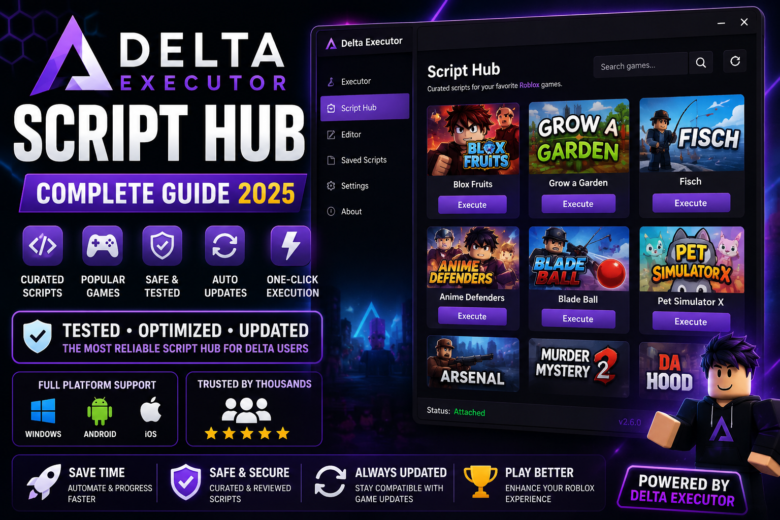 Ultimate Delta Executor Script Hub Guide 2025 – Games, Features & Support 1 Delta Executor Script Hub interface showing supported Roblox games, one-click script execution, auto updates, and multi-platform support in 2025.